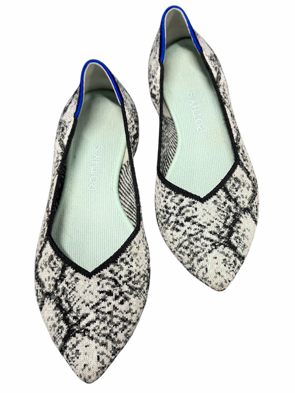Rothy's Python Point Knit Flats in Black, white, gray & Blue Trim 8.5